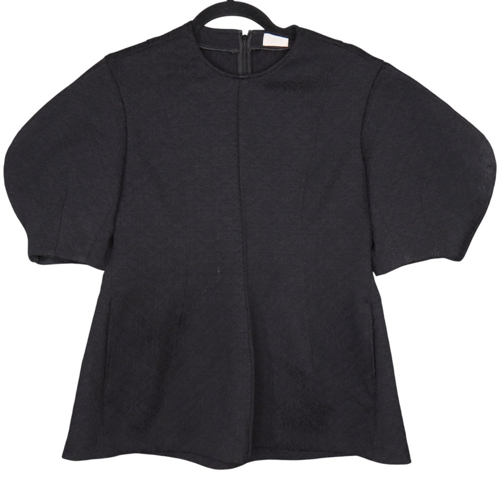 Cygne Womens Sz 1 Black Textured Short Sleeve Top Blouse Zip Back A-Line Peplum